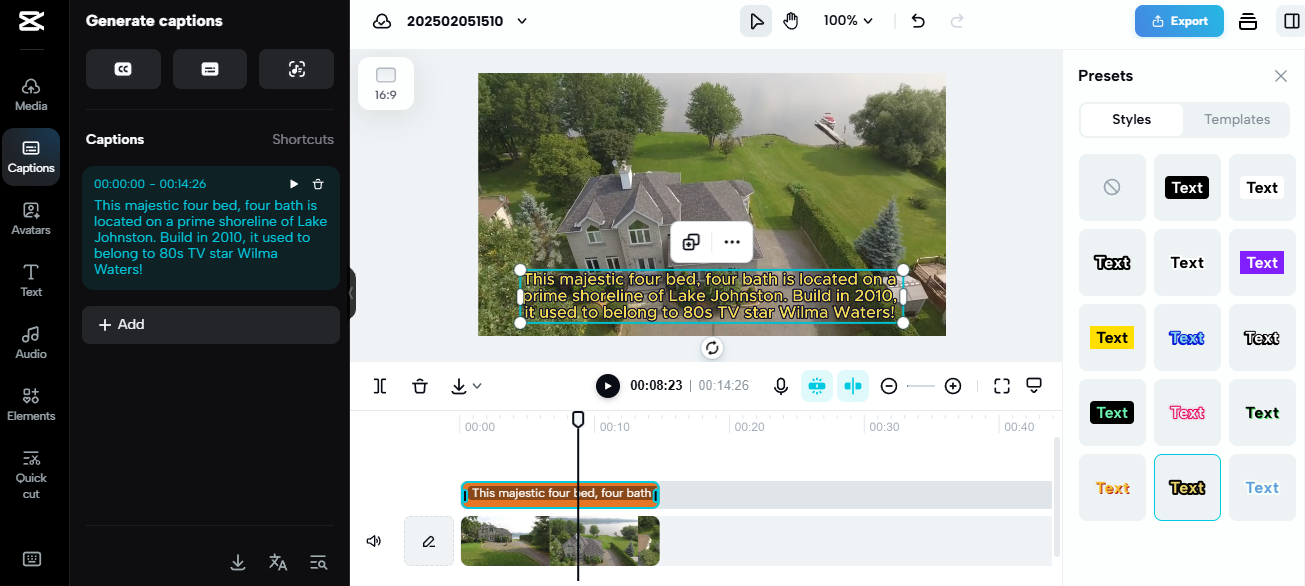 CapCut editing interface with captions for a real estate tour, a great tool for niche side hustles in property marketing.